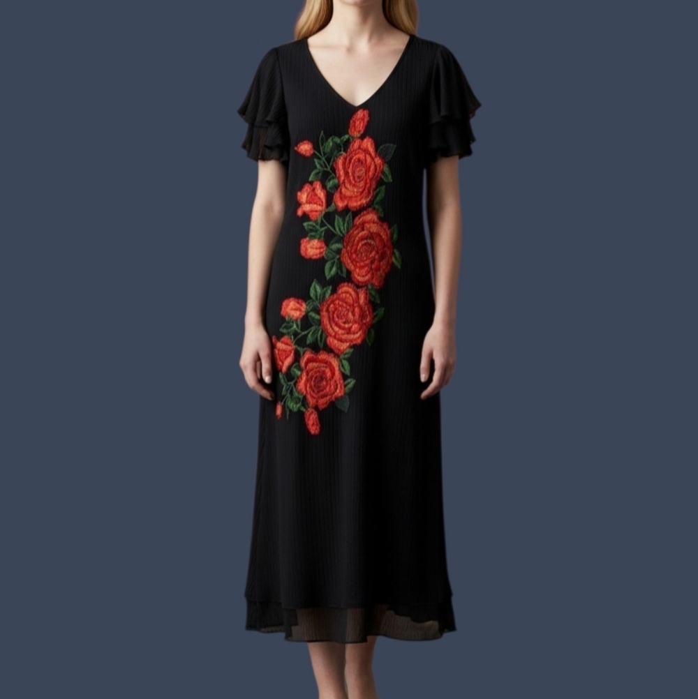 Vtg RAIMENT FASHIONS Chiffon Rose Cascade Sleeve Formal Dress